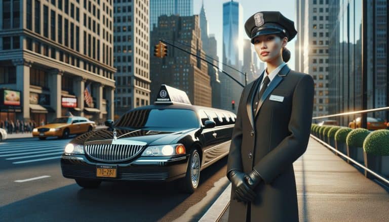 Chauffeur standing beside black limousine in city