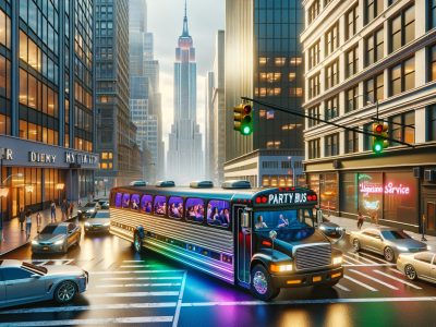 Neon-lit party bus driving through city intersection