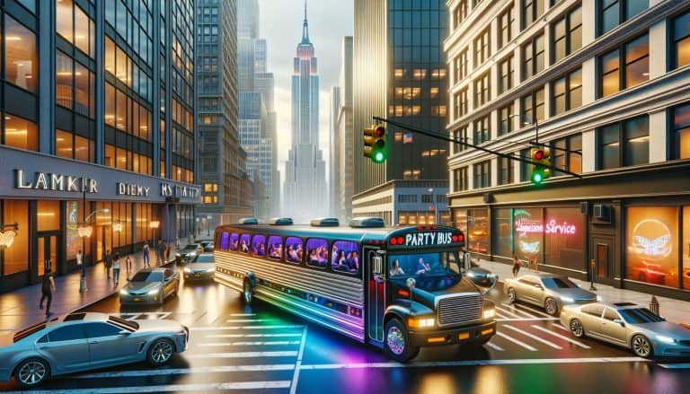Neon-lit party bus driving through city intersection