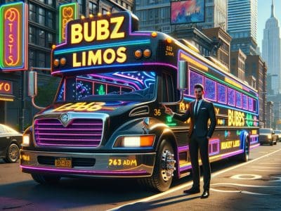 Neon-lit party bus and chauffeur in city street
