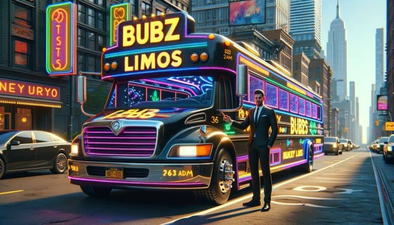 Neon-lit party bus and chauffeur in city street