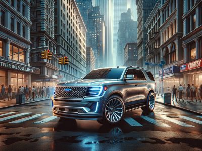 Modern SUV in busy downtown city intersection