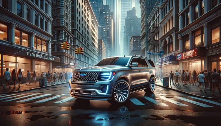 Modern SUV in busy downtown city intersection