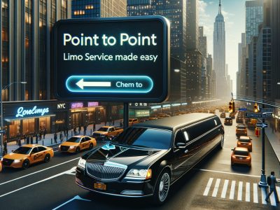 Black stretch limousine under city limo service billboard