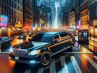 Black limousine on neon-lit city street at night
