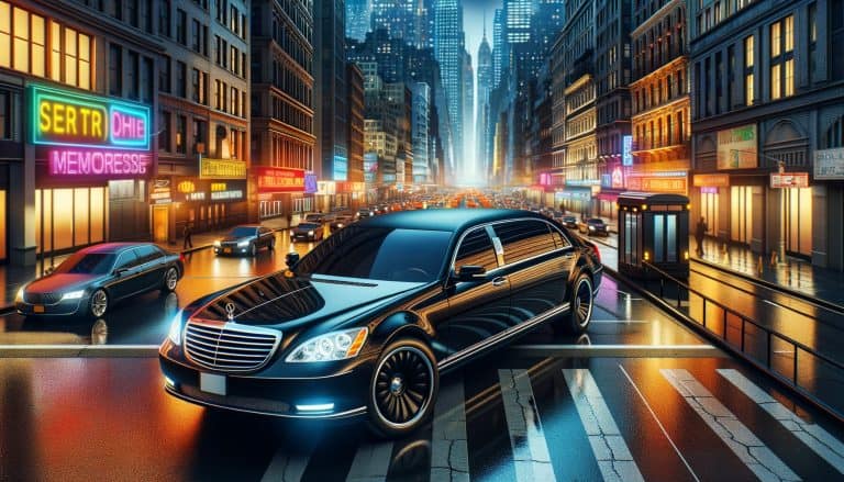 Black limousine on neon-lit city street at night