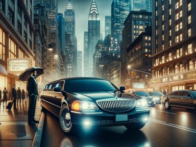 Luxury limousine on rainy city street at night