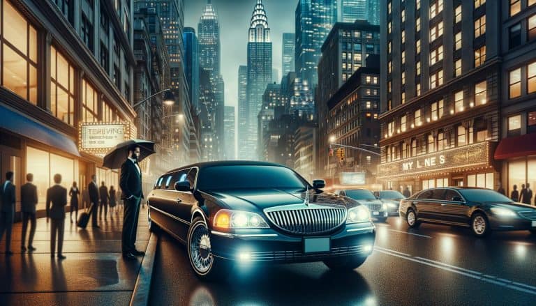 Luxury limousine on rainy city street at night