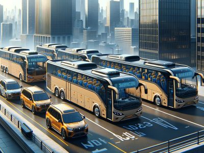 Modern coaches and SUVs on elevated city highway