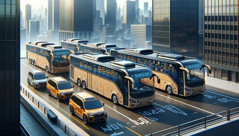 Modern coaches and SUVs on elevated city highway