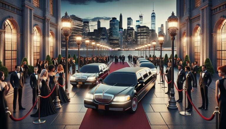 Luxury limousines on red carpet by city skyline