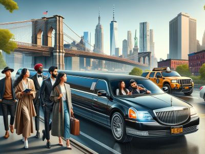 People beside limousine near Brooklyn Bridge skyline