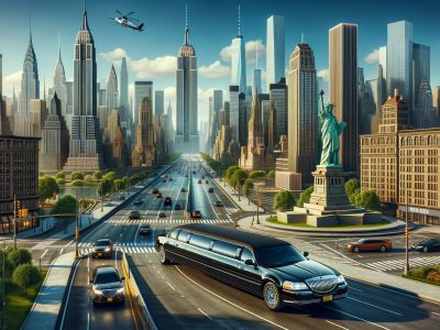 Stretch limousine near Statue of Liberty, NYC skyline