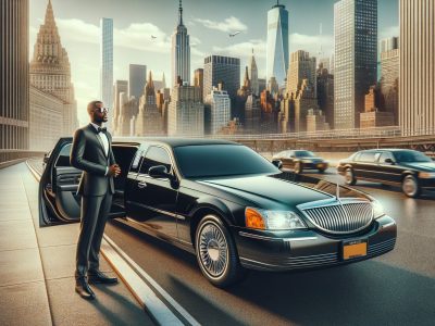 Man in tuxedo beside limousine, NYC skyline backdrop