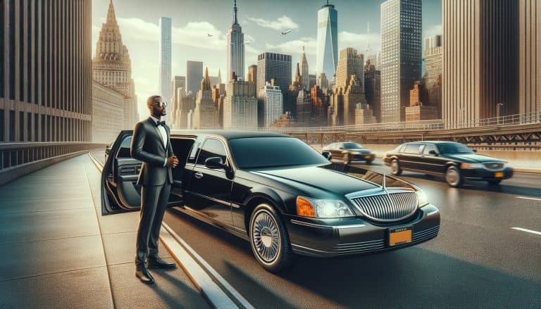 Man in tuxedo beside limousine, NYC skyline backdrop