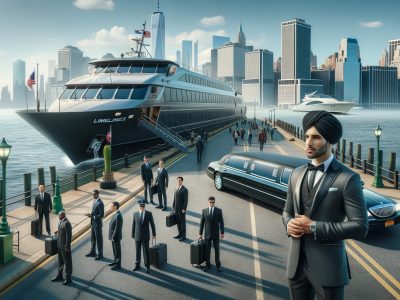 Luxury yacht and limousine with suited guards, city skyline