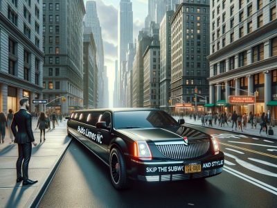 Black stretch limousine on busy downtown city street