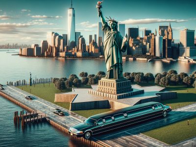 Statue of Liberty and Manhattan skyline with limousine