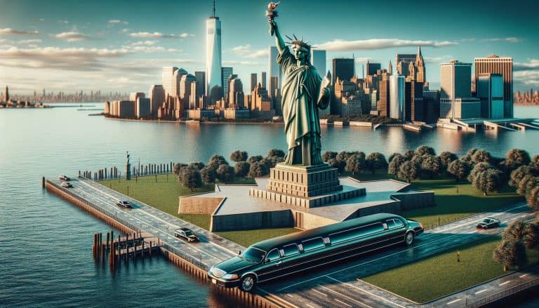 Statue of Liberty and Manhattan skyline with limousine