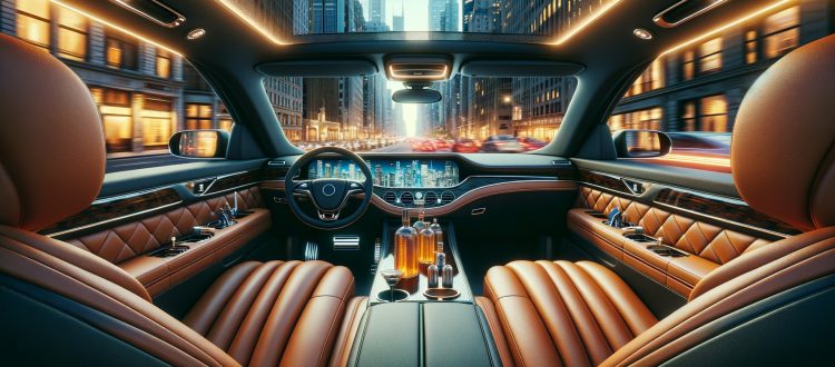 Luxury car interior with city skyline view