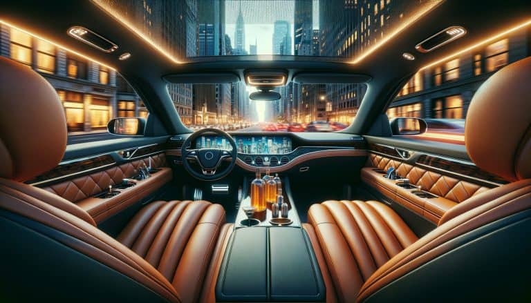 Luxury car interior with city skyline view