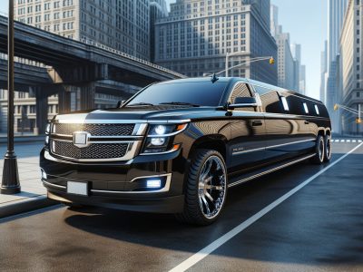 Black stretch SUV limousine on city street