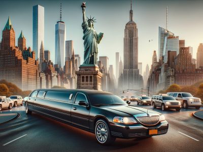 Black limousine near Statue of Liberty, NYC skyline.