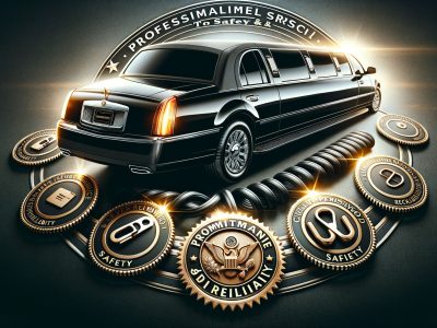 Black stretch limousine surrounded by safety award badges