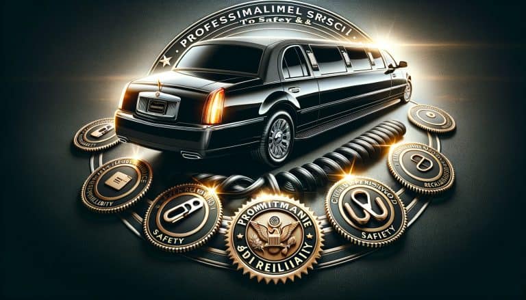 Black stretch limousine surrounded by safety award badges