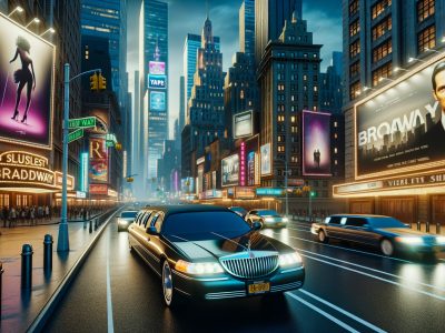 Limousine driving through neon-lit Broadway at night