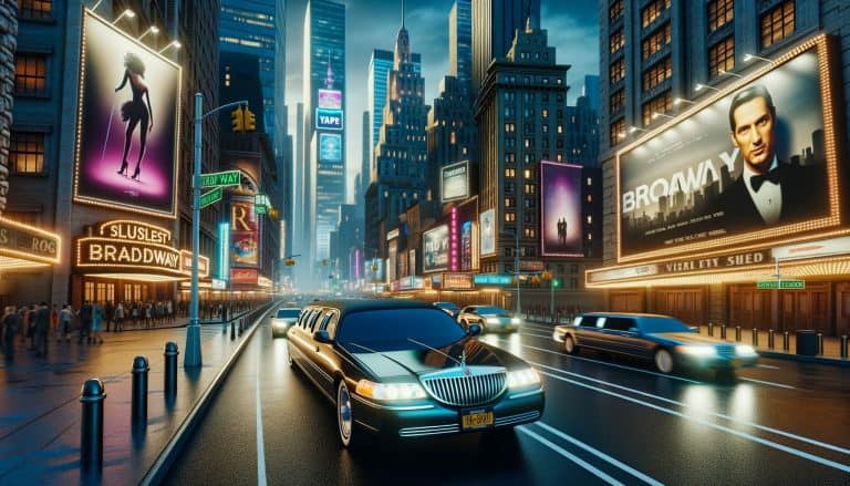 Limousine driving through neon-lit Broadway at night