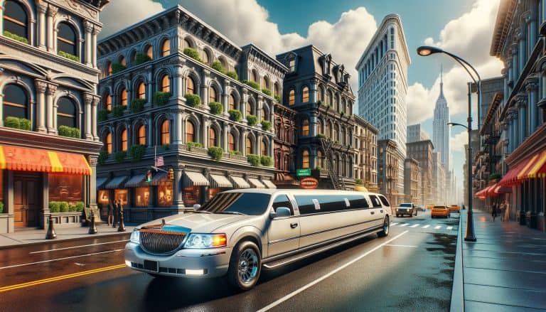 White stretch limousine on New York City street