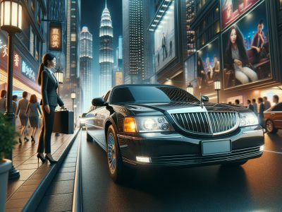 Businesswoman with suitcase beside luxury limousine at night