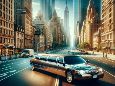 Stretch limousine on downtown city street with skyscrapers