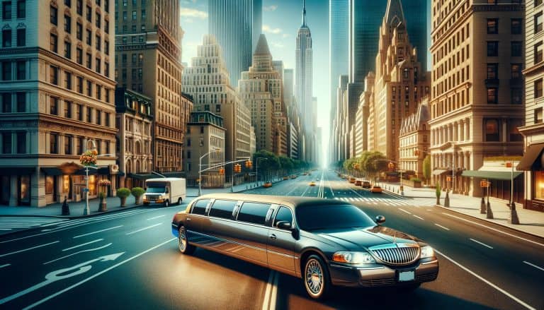 Stretch limousine on downtown city street with skyscrapers