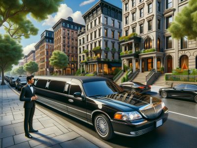 Chauffeur beside black limousine on upscale city street