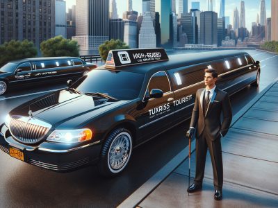 Luxury limousine and suited chauffeur in city.