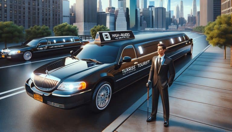 Luxury limousine and suited chauffeur in city.