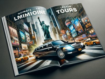 Luxury limousine in Times Square with Statue of Liberty