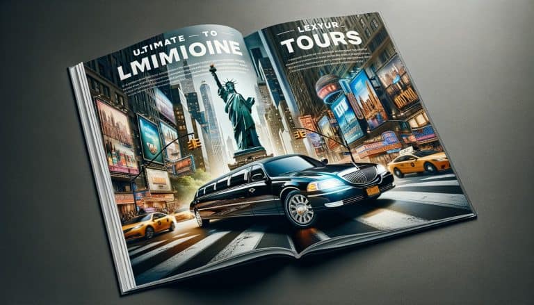 Luxury limousine in Times Square with Statue of Liberty
