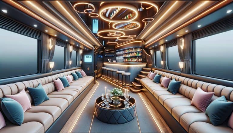 Luxury train lounge car with bar and sofas