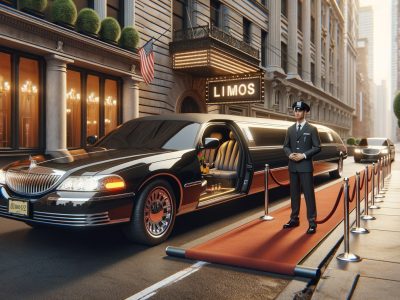 Luxury limousine with chauffeur on red carpet outside hotel