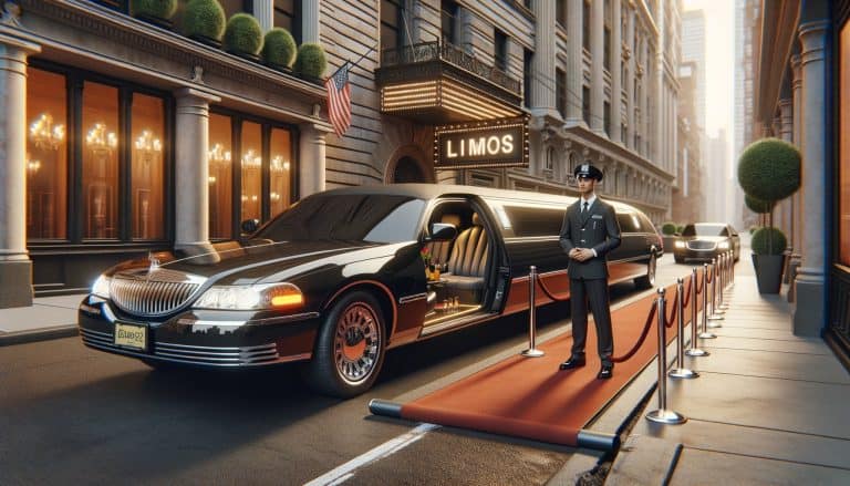 Luxury limousine with chauffeur on red carpet outside hotel