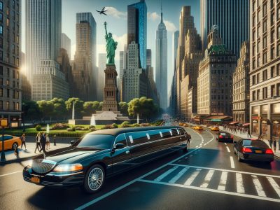 Limousine driving past Statue of Liberty in city