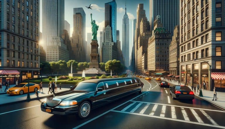 Limousine driving past Statue of Liberty in city