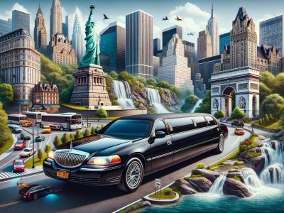Black stretch limousine in stylized New York cityscape