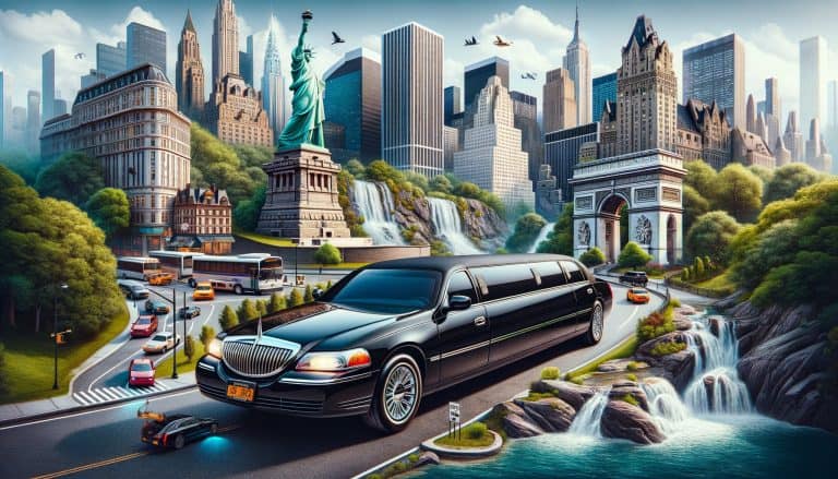 Black stretch limousine in stylized New York cityscape