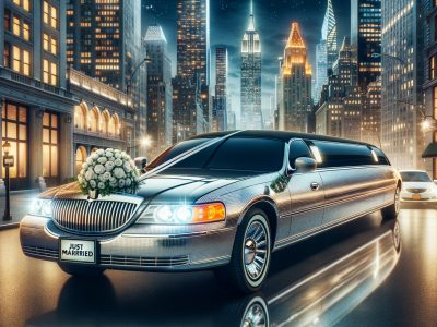 Wedding limousine with flowers in city at night