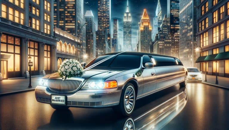 Wedding limousine with flowers in city at night