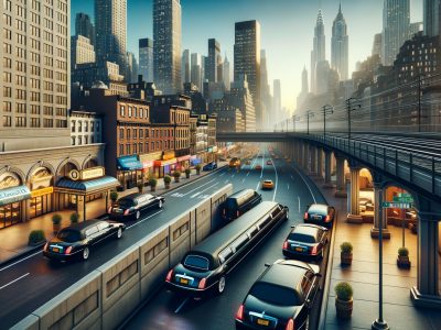 Limousines driving through modern city with elevated railway